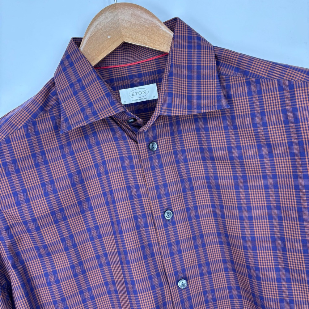 Eton Dress Shirt Mens 16 41 Blue Orange Plaid Contemporary Fit Spread Collar